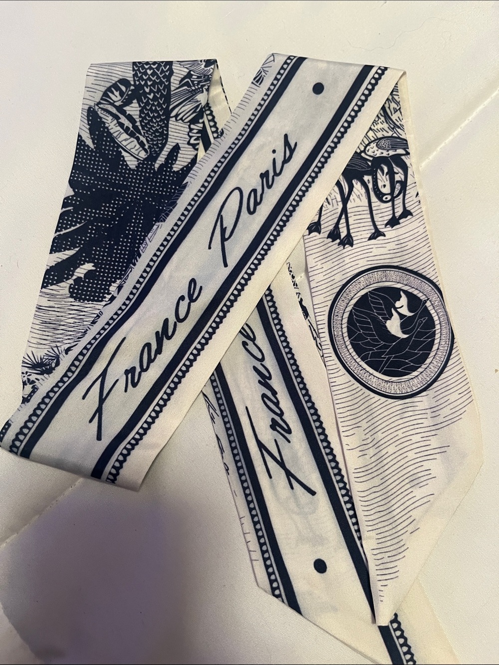 France Paris Navy & Ivory Silk Scarf Tie or Purse Scarf NWOT
